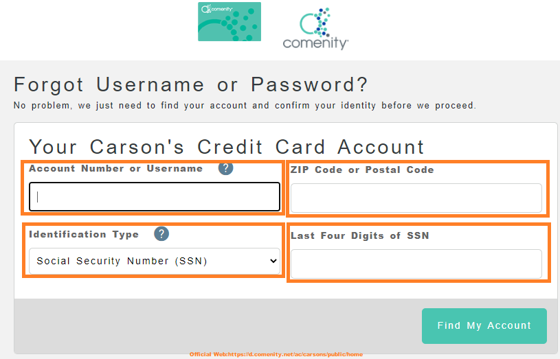 Carson Credit Card Forgot Username password